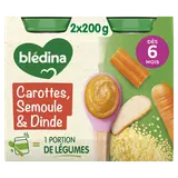 BLEDINA BLEDICHEF - Plat bébé du midi Carottes semoule dinde, de 6 à 12 mois - 2x200g