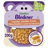 BLEDINA BLEDINER - Plat bébé Carottes, Lentilles corail, pâtes,ciboulette, dès 15 mois - 200g