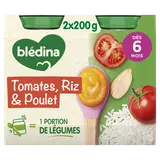 Plat bébé du midi Tomates Riz Poulet, de 6 à 12 mois BLEDINA  2x200g