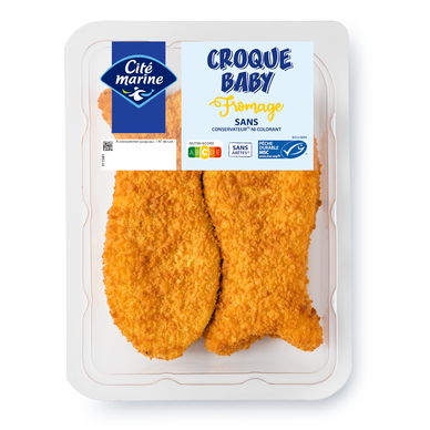 Poisson pané au fromage Croque Baby CITE MARINE, transformé en France,2 pièces, barquette de 200g