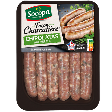 Chipolata herbes façon charcutière, SOCOPA, France, 6 pièces, barquette, 330g