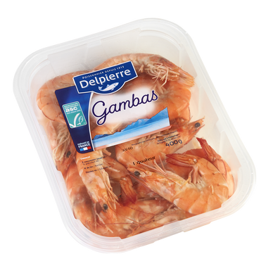 Gambas cuites, Penaeus spp, 30/40, élevée Amérique Sud/Nord, bq 400g