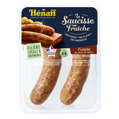 Grosse saucisse fumée au bois de hêtre, HENAFF, France, 2 pièces, barquette 225g