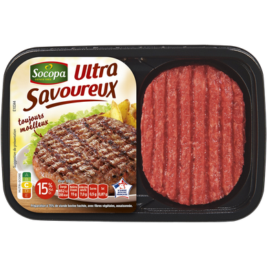 Préparation à base de viande haché bovine, ultra savoureux, 15% Matière grasse, SOCOPA, France, 2 pièces soit 200g