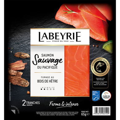 Saumon fumé sauvage du Pacifique au bois de hêtre, LABEYRIE, 2 tranches soit 65g