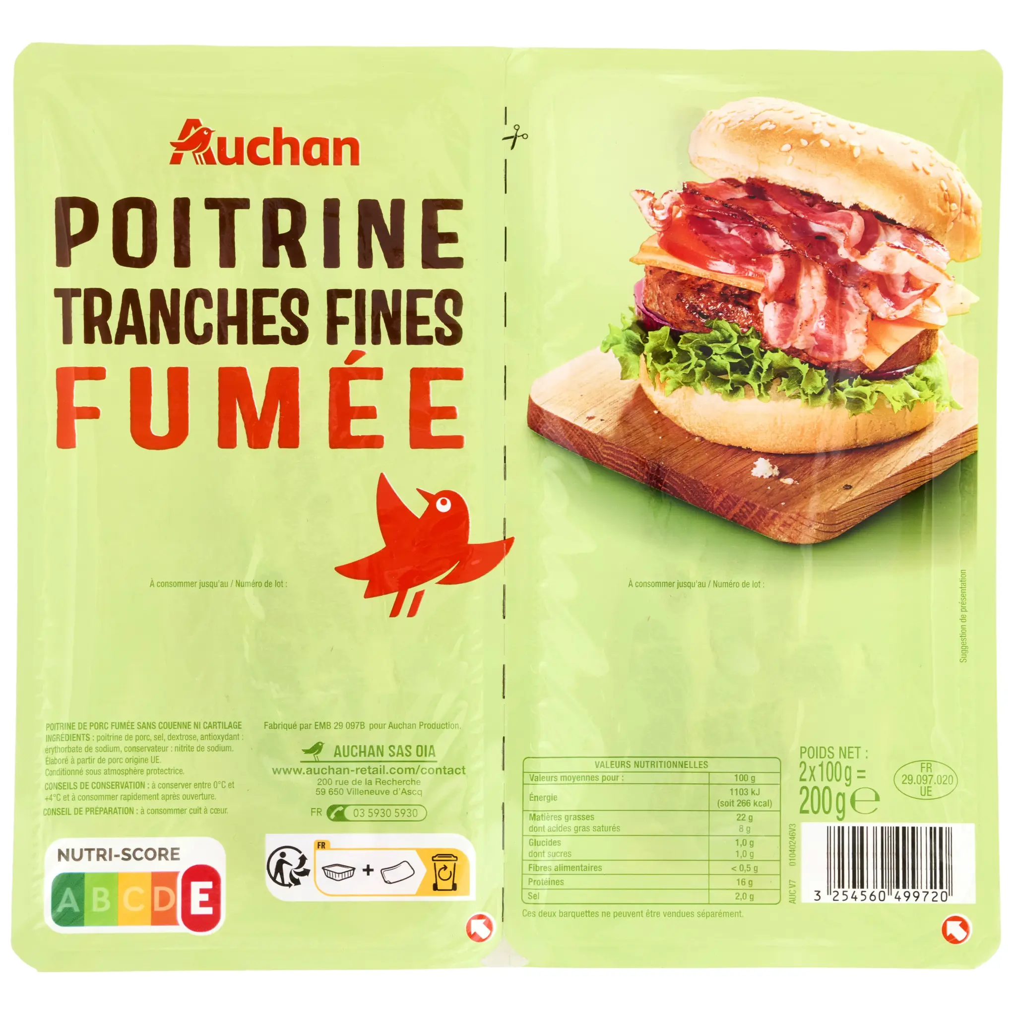 AUCHAN Poitrine fumée tranches fines