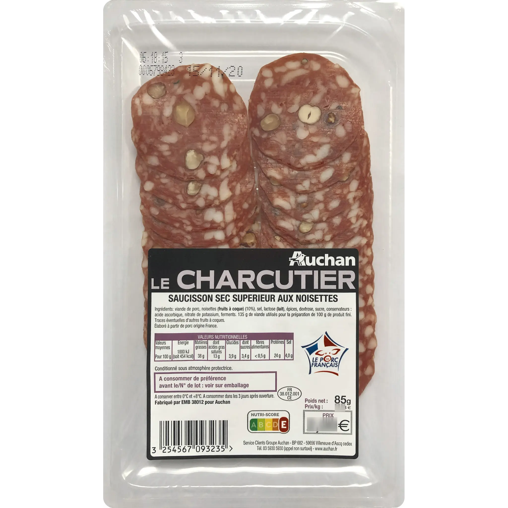 AUCHAN LE CHARCUTIER Saucisson sec aux noisettes