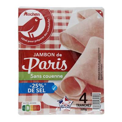 Auchan Jambon Supérieur de Paris Réduit En Sel, 4 tranches - 120g