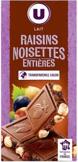 Tablette de chocolat au lait extra raisins et noisettes, U (200 g)