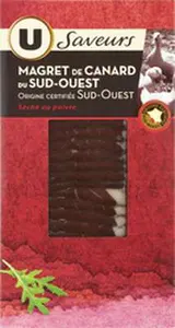 Magret de canard du IGP Sud-Ouest séché au poivre, U Saveurs (90 g)