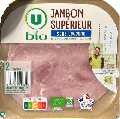 Jambon cuit BIO sans couenne, U Bio (2 tranches, 80 g)