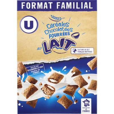 Céréales chocolatées fourrées au lait, U (600 g)