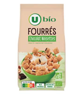 Céréales fourrées chocolat noisettes, U BIO (375 g)