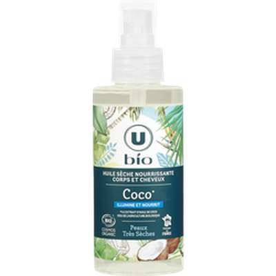 Huile sèche nourrissante pour le corps et les cheveux au coco, U BIO  (150 ml)