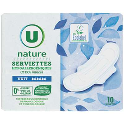Serviette ultra mince nuit, U Nature (x 10)