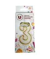 Bougie anniversaire chiffre 3 doré, U