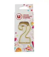 Bougie anniversaire dorée chiffre 2, U (x1)