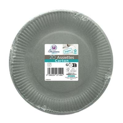 Assiette en carton FSC sans plastique gris 23 cm,  U MAISON  (x 20)