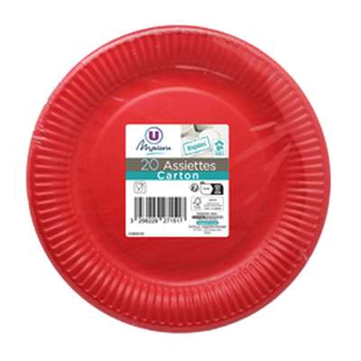 Assiette en carton FSC sans plastique rouge 23 cm, U MAISON (x 20)
