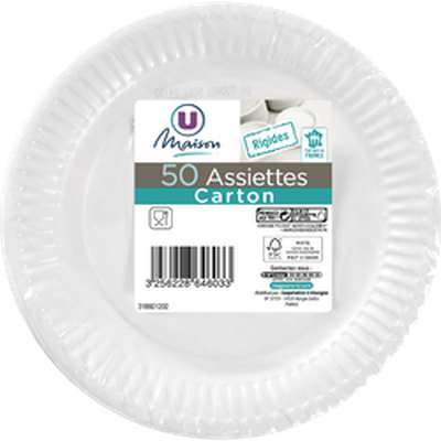 Assiette en carton ronde blanc FSC 23 cm, U MAISON (x 50)