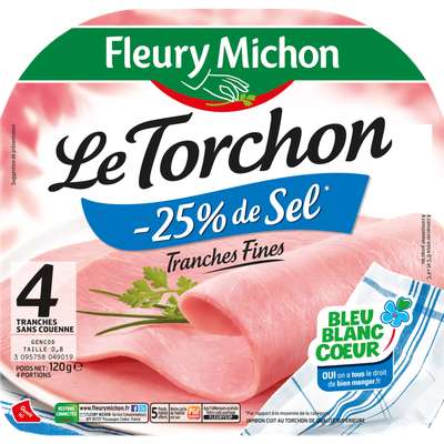 Jambon Le Torchon cuit à l'étouffée sans couenne -25% de sel, Fleury Michon (4 tranches, 120 g)