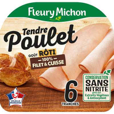 Tendre poulet roti 100% filet et cuisse sans nitrite, Fleury Michon (6 tranches, 195 g)
