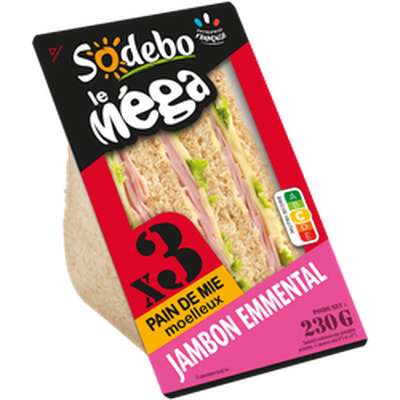 Sandwich le mega club jambon emmental, Sodebo (230 g)