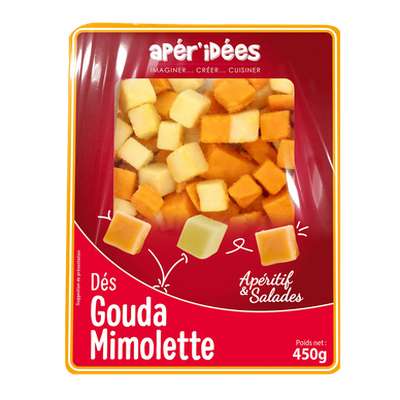 Dés de mimolettte et gouda au lait pasteurisé 31% de matière grasse, Apér'idées (450 g)