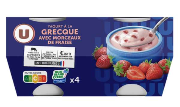 Yaourts à la grecque avec morceaux de fraise Bleu Blanc Coeur, U (4 x 150 g)