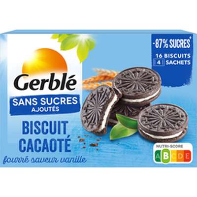Biscuits cacaotés fourrés saveur vanille sans sucre ajouté, Gerblé (176 g)