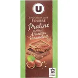 Chocolat au lait fourré praliné et éclats de noisettes caramélisés, U (150 g)