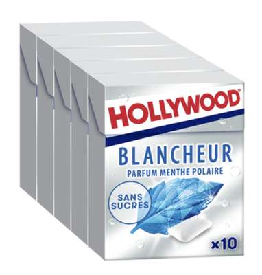 Chewing-gums blancheur menthe polaire sans sucres, Hollywood (5 x 10)
