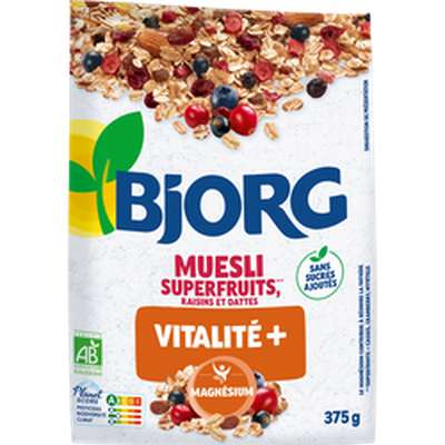 Muesli Superfruits cassis/myrtilles/cranberries/raisins BIO, Bjorg (375 g)