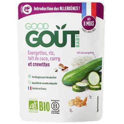 Compotée de courgette, riz, lait de coco, curry et crevettes BIO - dès 8 mois, Good Goût (190 g)