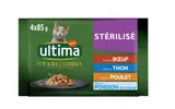 Bouchées poulet boeuf thon et poissons de l'océan pour chats stérilisés, Ultima (4 x 85 g)