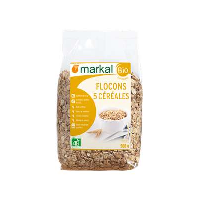 Flocons 5 céréales avoine blé orge riz seigle BIO, Markal (500 g)