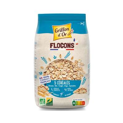 Flocons 5 céréales toastées blé orge seigle avoine riz BIO, Grillon d'Or (500 g)