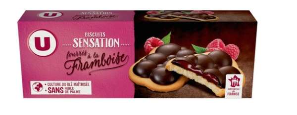 Petit beurre tablette chocolat noir fourré à la framboise, U (130 g)