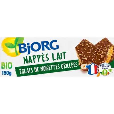 Biscuits nappés chocolat lait éclats de noisettes grillées BIO, Bjorg (150 g)