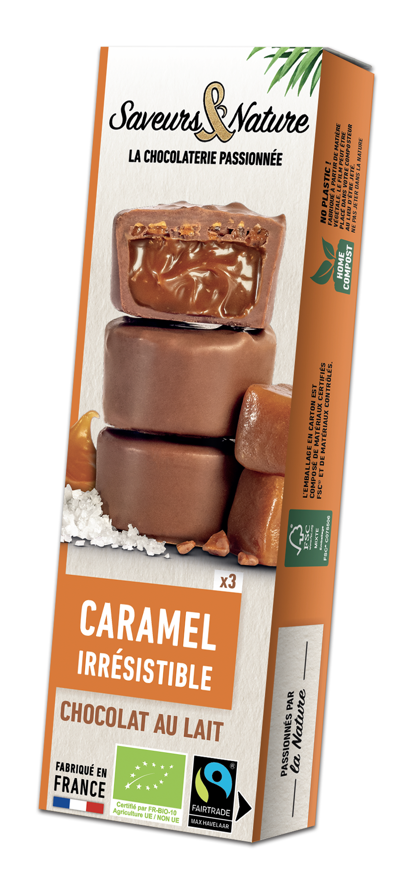 Bouchées de chocolat au lait au caramel et éclat de caramel bio