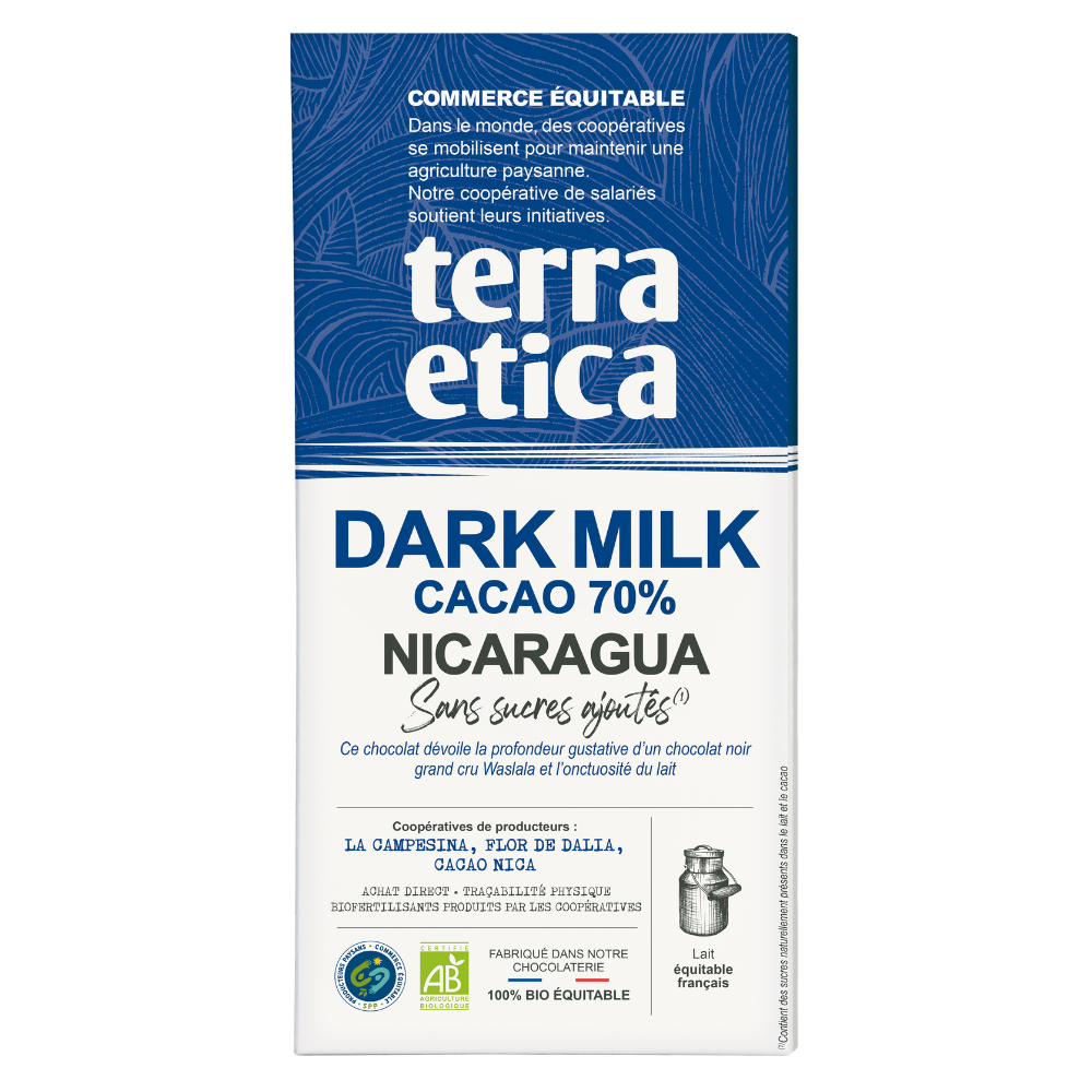 Chocolat dark milk 70% sans sucres ajoutés bio équitable
