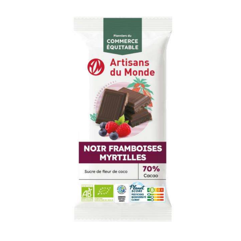 Chocolat noir 80% framboise & myrtille bio équitable