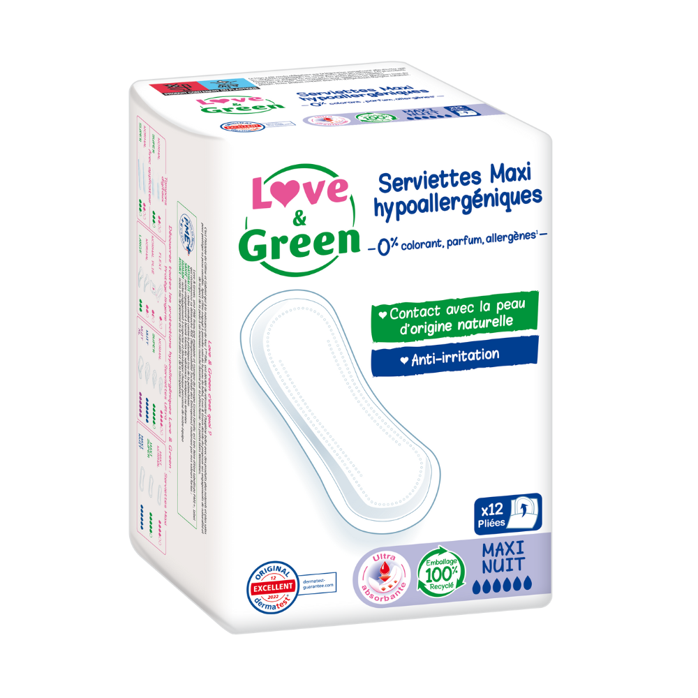 Serviettes écolabellisées et hypoallergéniques maxi nuit x 12