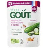 Compotée de courgettes, riz, lait de coco, curry et crevettes