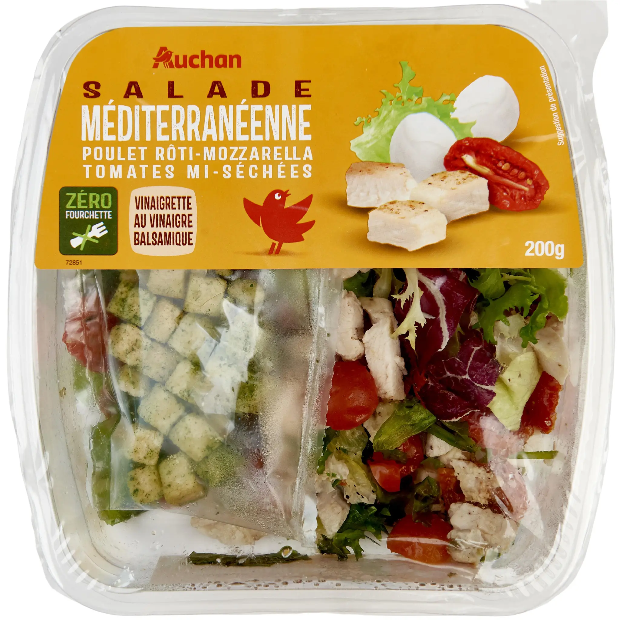 AUCHAN Salade méditerranéenne poulet rôti mozzarella tomates mi-séchées sans couverts