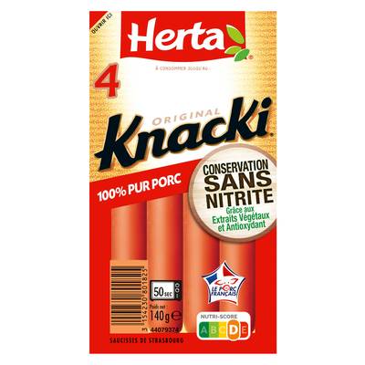 Herta Knacki Original 100 % Pur Porc Conservation Sans Nitrite, 4 saucisses - 140g