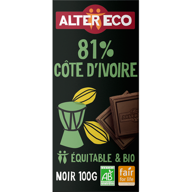 Chocolat noir Cote d'Ivoire 81% bio ALTER ECO, tablette 100g