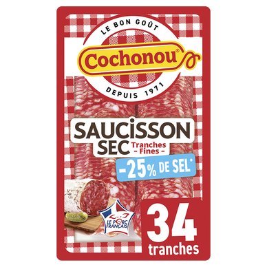 Saucisson sec teneur en sel réduit - COCHONOU - 34 tranches - 100g