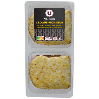 Croque-monsieur béchamel jambon cuit supérieur gratiné à l'emmental etmozzarella, 2 pièces, 280g