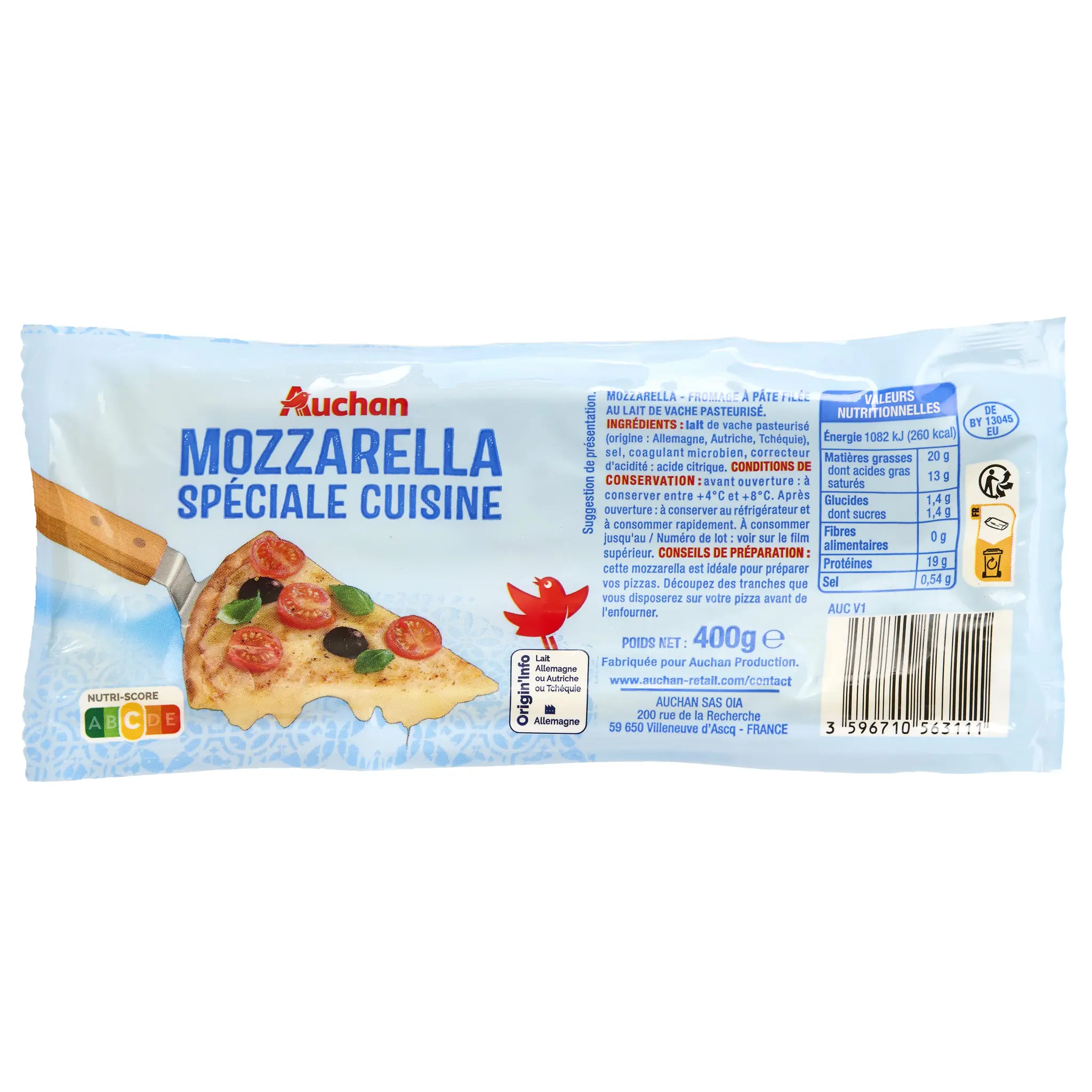 AUCHAN Mozzarella cuisine spéciale cuisson texture onctueuse